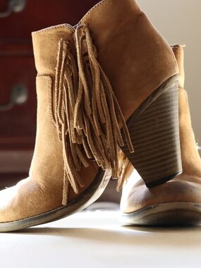 MIA Suede Fringe Ankle Boots in Tan Brown